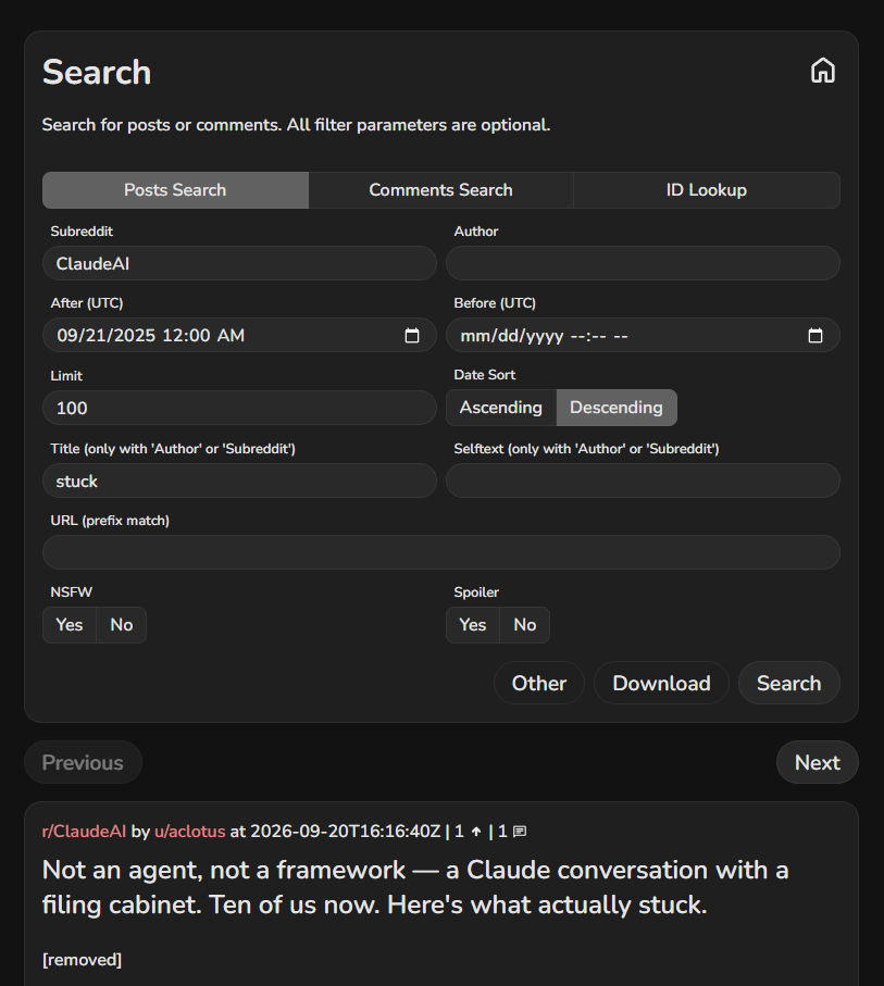 One search by hand. A subreddit, one word for the title, a year of dates. The post underneath went up the day before.